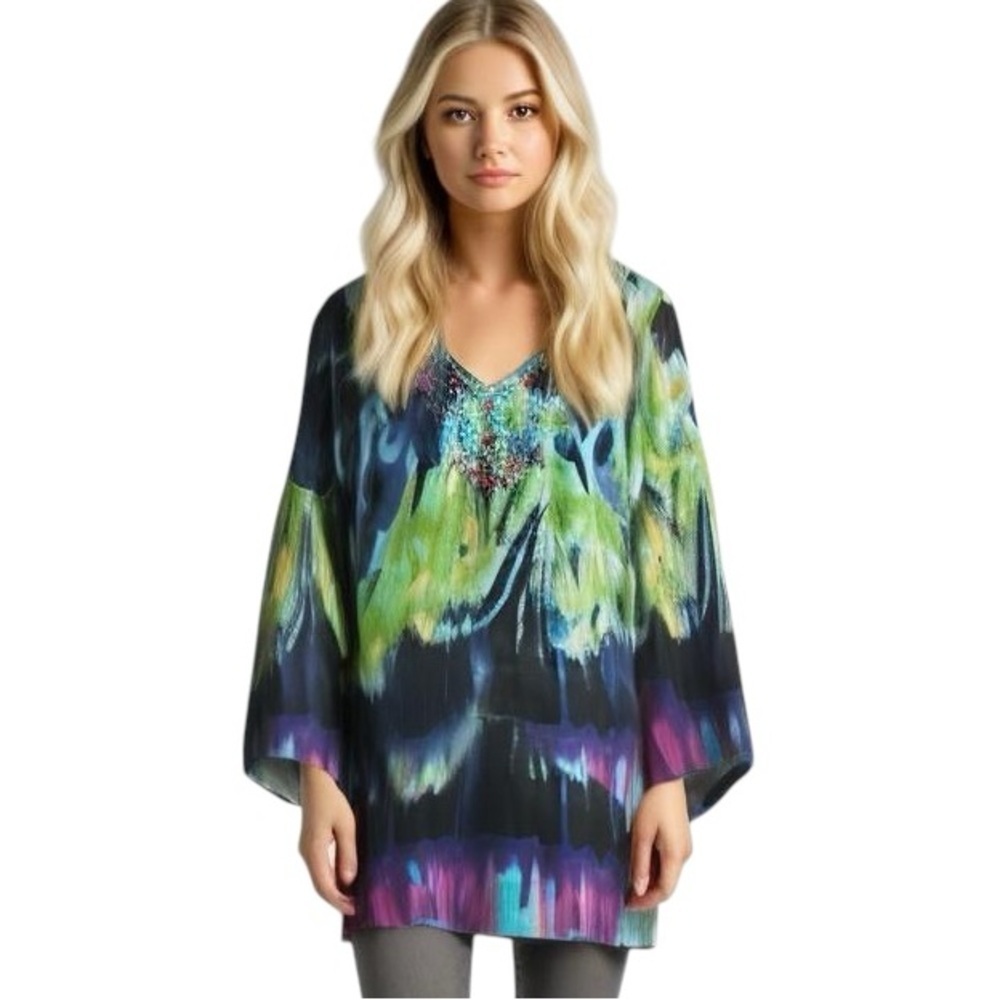 Vibrant Watercolor V-Neck Tunic - Green Multi